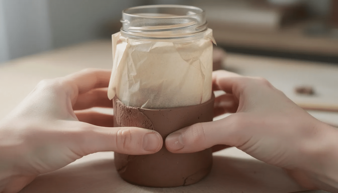 21466b10-4149-42e0-a6f2-b6b96d694ede A small clay cylinder is being carefully shaped around a glass spice jar that is wrapped in parchment paper, creating a unique air dry clay pot. The soft clay has a smooth texture and is being molded to form a scalloped edge, ready for future air dry clay projects.