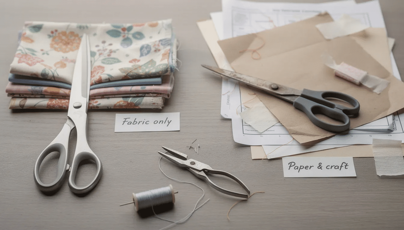 23d2a06a-d48f-40ca-88c9-32ce45c7a9cf The image features a pair of sharp fabric scissors, typically 8–9 inches long, alongside thread snips, both essential sewing tools for any sewing kit. These scissors are specifically designed for cutting fabric, ensuring precise cuts and preventing fraying, while the thread snips provide a handy tool for trimming threads during your sewing journey.