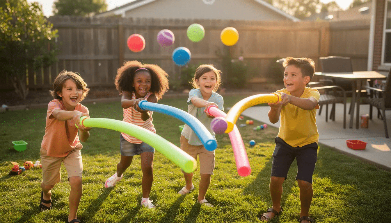 The image shows children in a backyard joyfully launching soft, colorful balls using homemade pool noodle launchers, engaging in fun DIY activities that inspire creativity and family bonding. The scene captures the excitement of outdoor play with simple materials, perfect for a weekend of crafting and enjoyment.