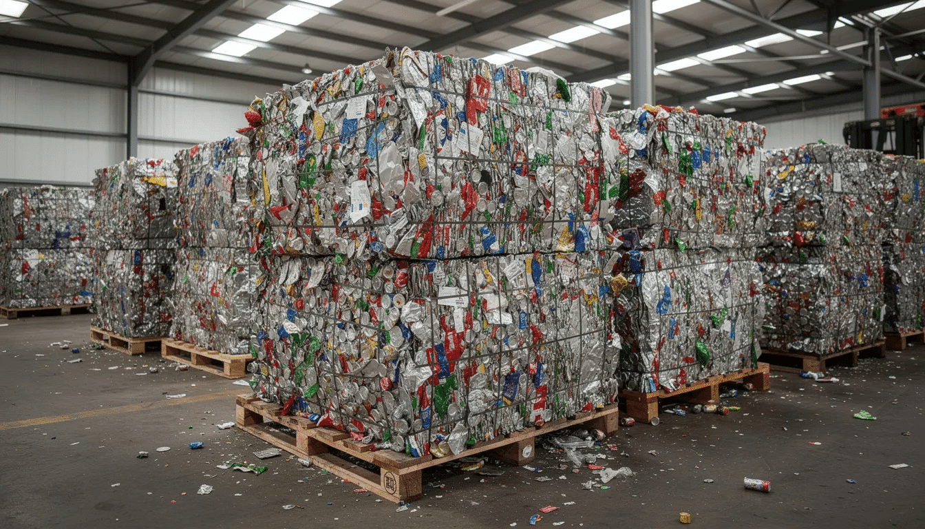 The image shows a large stack of aluminum cans ready for recycling at an industrial facility, highlighting the recycling process that diverts waste materials from landfills. These recyclable materials are collected and processed to be transformed into new products, contributing to sustainable resource management and reducing greenhouse gas emissions.