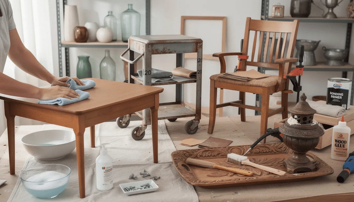 The image shows a well-organized workspace for cleaning and repairing thrift store finds before upcycling them into stylish home decor. Tools like microfiber cloths, mild dish soap, and wood filler are neatly arranged, emphasizing the importance of preparation in creative projects for a professional finish.