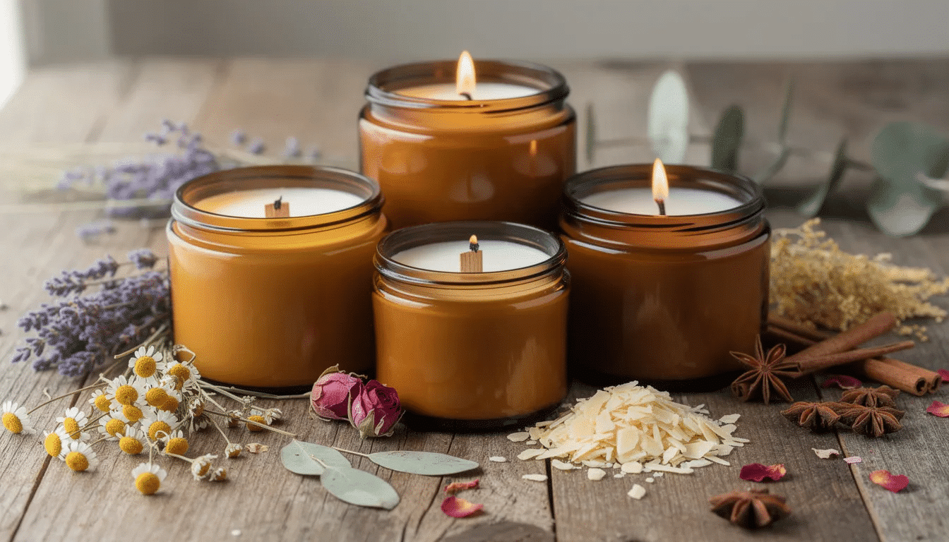 The image features artisan soy candles housed in elegant amber glass jars with wooden wicks, elegantly displayed alongside dried botanicals and raw ingredients. This beautiful arrangement highlights handmade crafts perfect for self-care enthusiasts and showcases products that could be sold online or at local craft fairs.