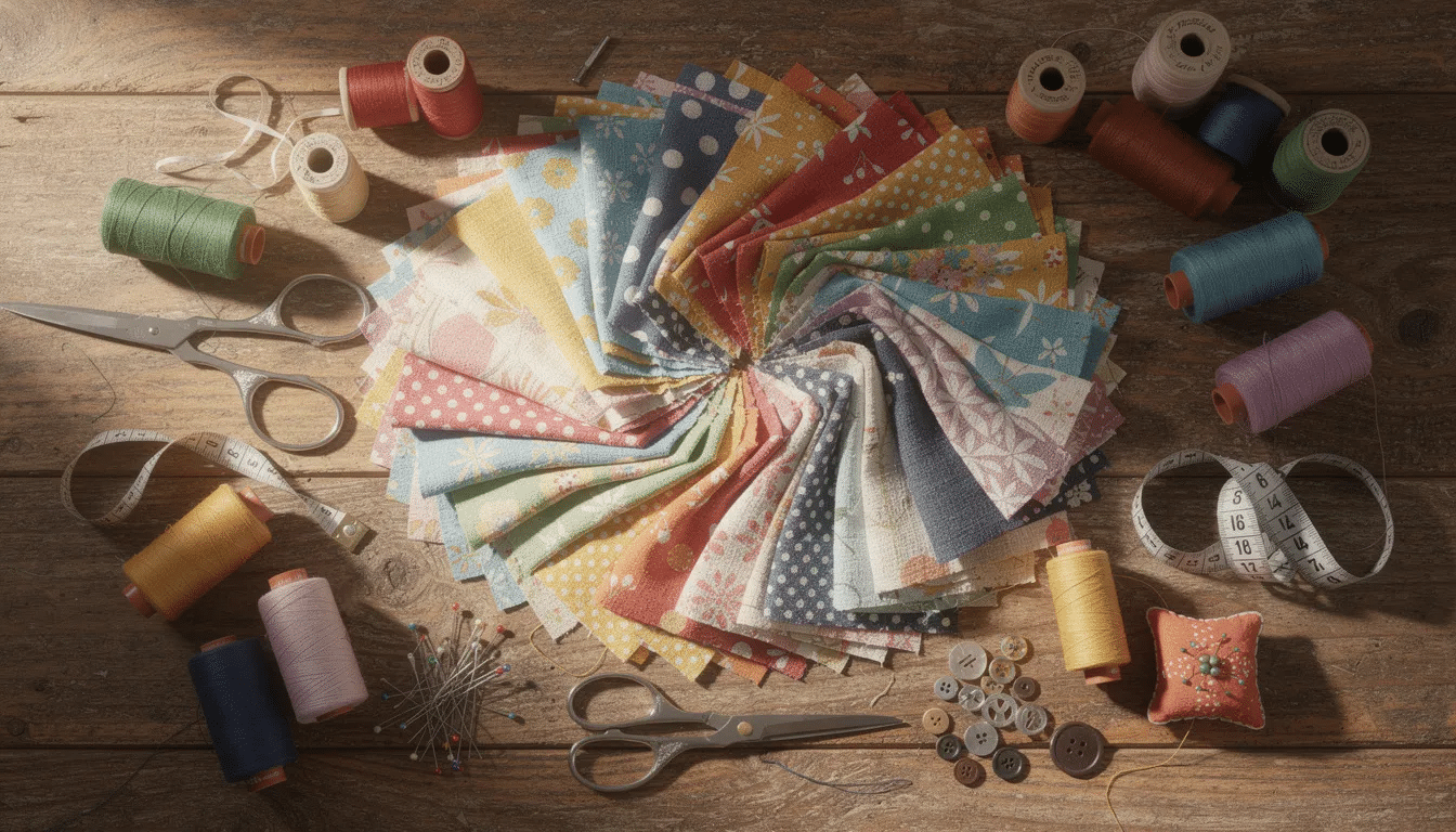 2a11cc37-5507-43c0-b86d-1523343f8e42 The image features a vibrant array of fabric swatches, spools of thread, and various sewing notions neatly arranged on a wooden table, perfect for inspiring kids at a sewing camp to embark on fun sewing projects. This colorful setup showcases the materials needed to enhance creativity and teach essential life skills through hand sewing.