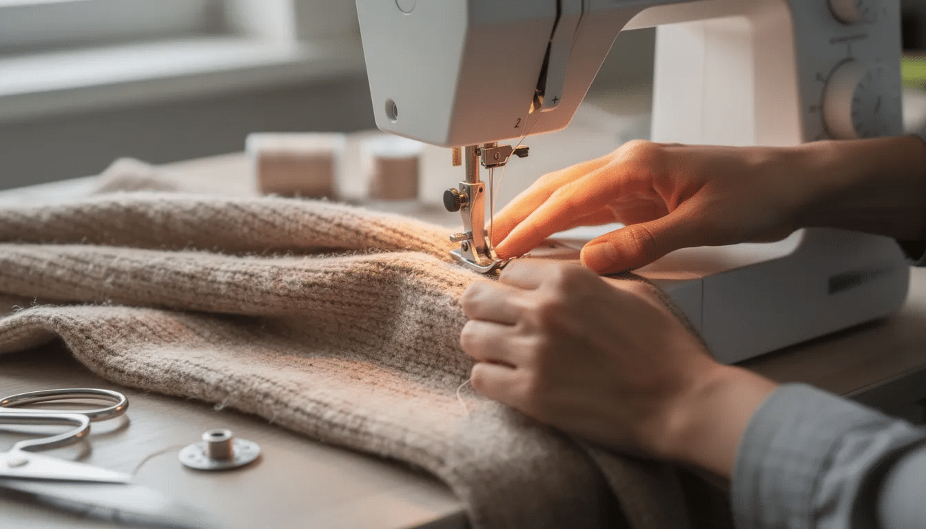 2a3ad253-b0fa-4c29-be6f-653540700aec A pair of hands carefully guides a piece of knit fabric through a sewing machine, which is set on a sewing table, with scissors and thread nearby, illustrating the art of sewing knits. This scene captures the process of garment making, showcasing the use of a regular sewing machine equipped for stretch fabrics.