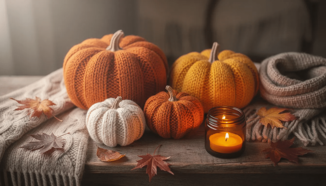 A cozy fall vignette showcases knit pumpkins and warm-toned accessories arranged on a wooden surface, evoking a sense of charm and comfort. This upcycled home decor highlights thrift store finds that bring new life to seasonal decorations, perfect for inspiring creative projects.