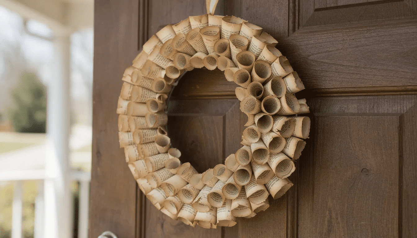2cdd8735-c64a-4070-84d9-c4b966188313 The image depicts a beautifully crafted wreath made from rolled pages of old paperback novels, showcasing a vintage aesthetic with yellowed pages. This DIY project features overlapping cone shapes attached to a wire form, complete with a ribbon loop for hanging on a front door, making it a perfect handmade gift idea.