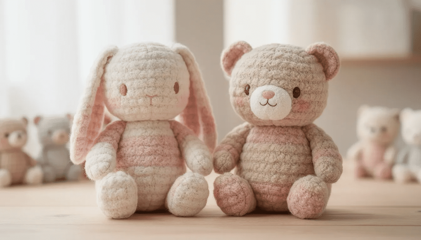 2dc23e3f-65ce-437e-805e-c71828390307 The image features a collection of cute handmade stuffed animal toys, including a soft plush bunny and bear, crafted from high-quality yarn. This delightful display invites customers to explore the crochet online store for unique patterns and products.