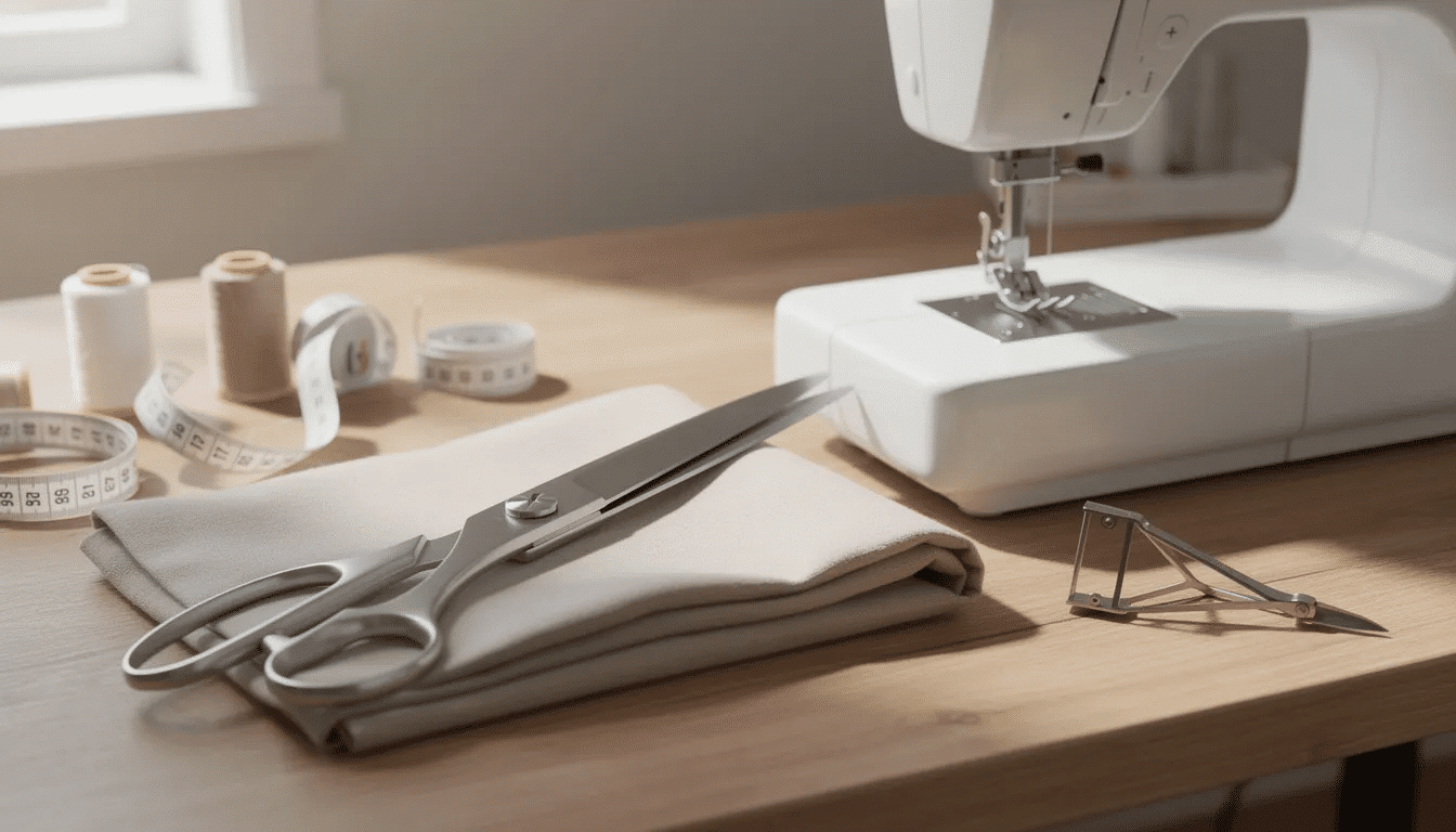 The image features a sturdy pair of 8”–9” dressmaker shears alongside small thread snips, ideal sewing tools for fabric cutting and thread trimming. These essential sewing accessories ensure optimal performance and precision in your sewing projects, making them a must-have in any sewing room.