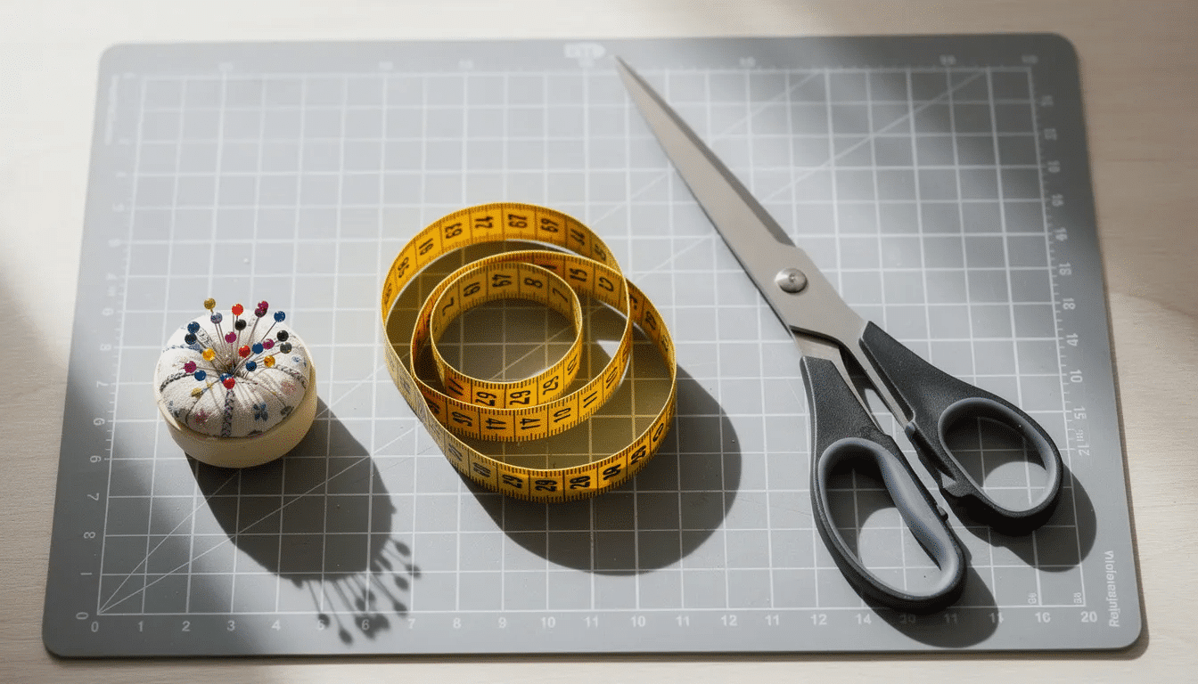 The image features fabric scissors, a measuring tape, and pins neatly arranged on a cutting mat, essential tools for any sewing project. These items are crucial for improving sewing skills, helping to ensure accurate measurements and precise cuts when working with quality fabric.
