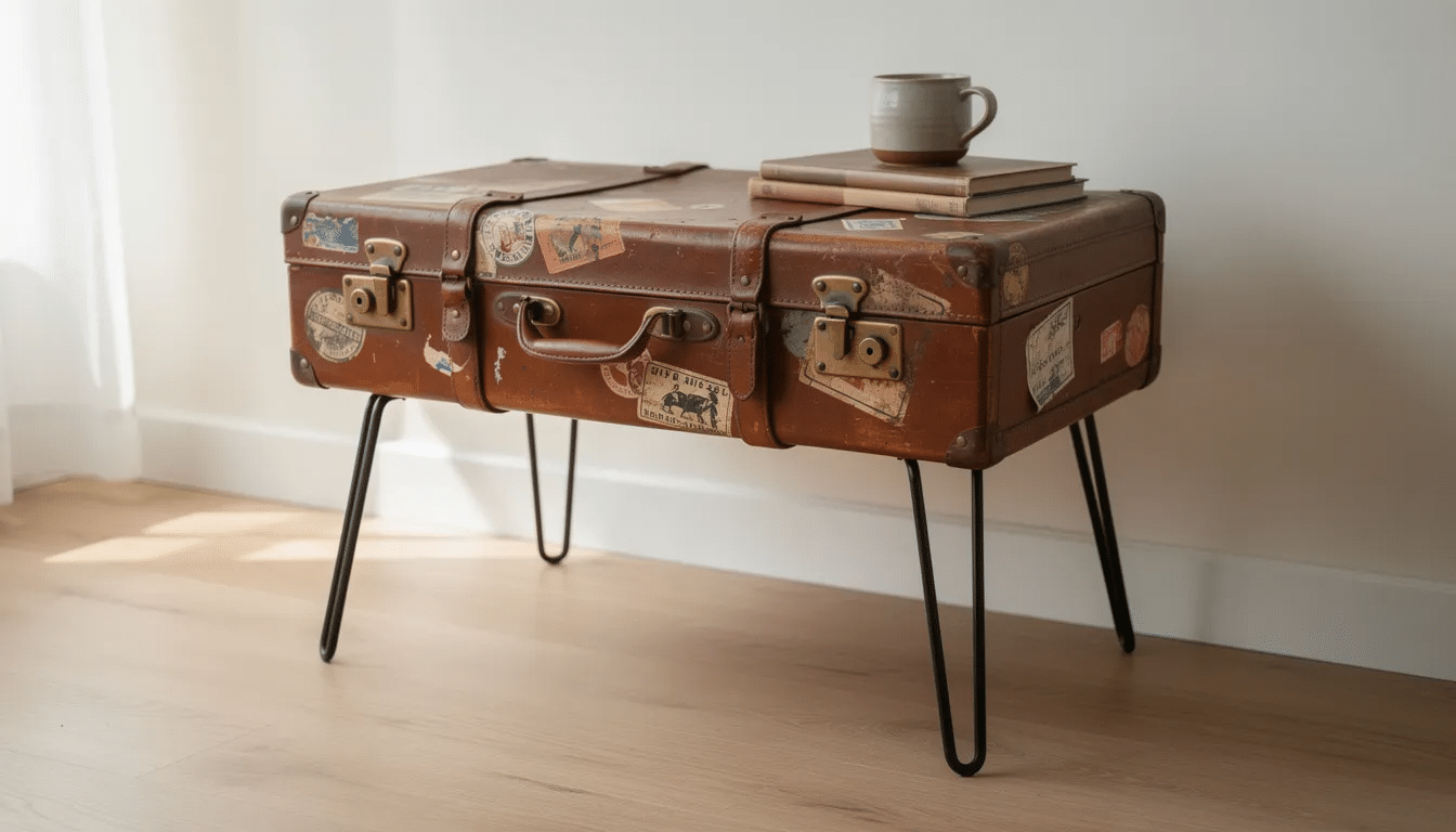 This image features a vintage leather suitcase transformed into a stylish side table, supported by sleek metal hairpin legs, showcasing a unique piece of upcycled furniture that adds character to any home decor. The transformation exemplifies the creative process of upcycling, giving new life to an old piece while reducing waste.