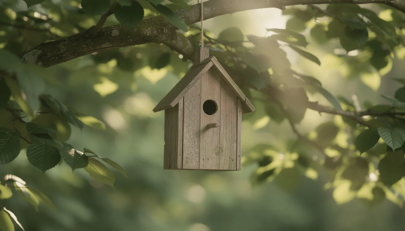 30c2f4e8-4f0d-429b-bf66-98c7f408efb2 A rustic wooden birdhouse hangs from a tree branch, surrounded by vibrant green leaves, creating a charming focal point in the outdoor space. This image embodies the spirit of DIY garden projects, perfect for inspiring gardeners looking to enhance their backyard.