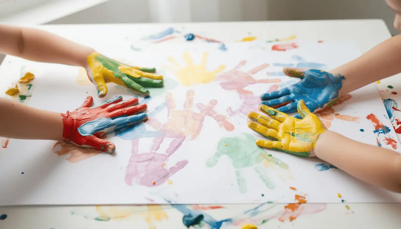 A vibrant display of children's colorful painted hands creates cheerful handprints on a sheet of white paper, showcasing a fun and simple craft project perfect for the Christmas season. This DIY activity not only allows kids to express their creativity but also makes for adorable homemade Christmas gifts for grandparents and loved ones.