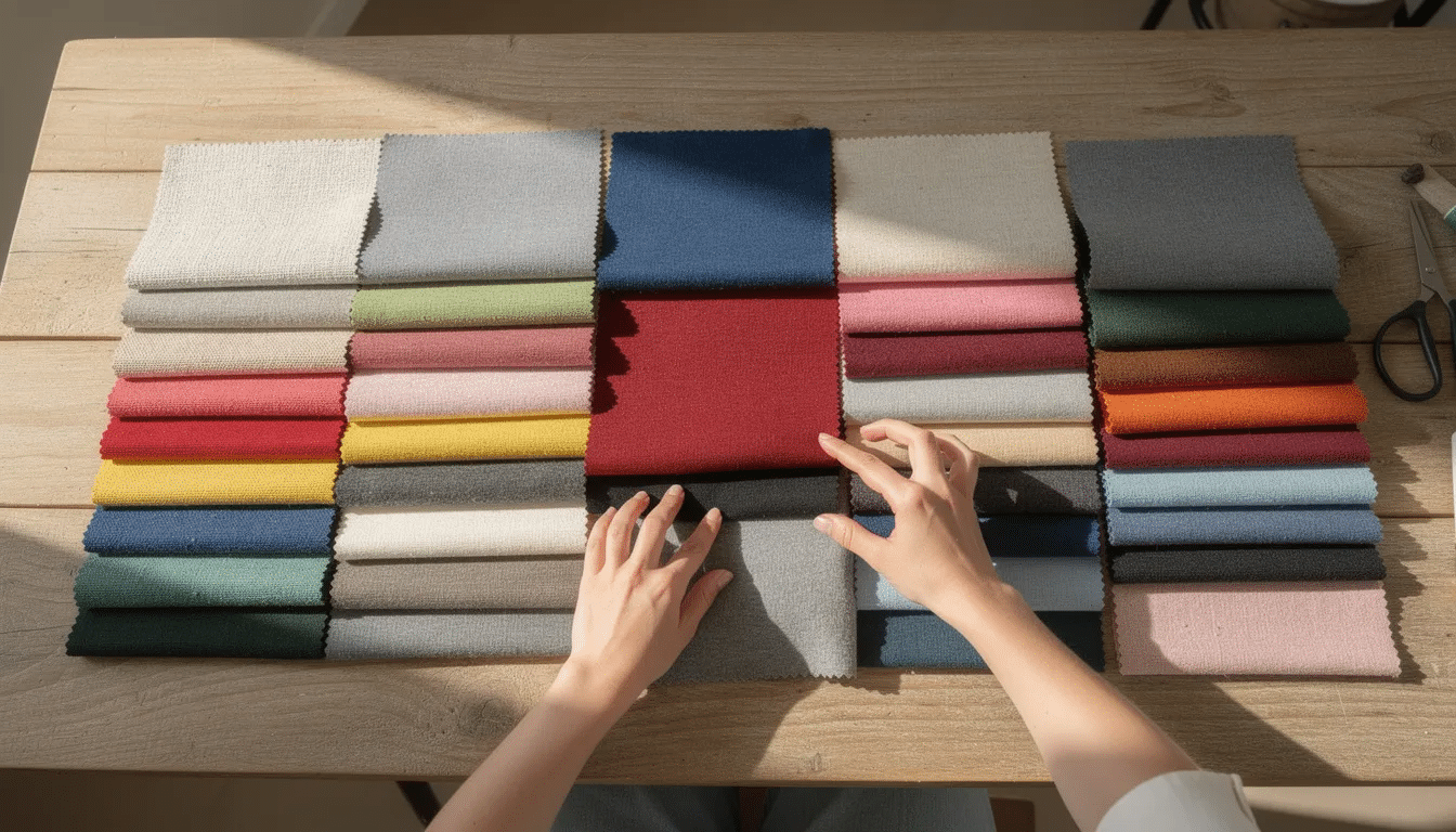 The image shows hands meticulously arranging a variety of colorful fabric swatches on a table, highlighting different textures and patterns that can be used for sewing projects. This scene captures the essence of improving sewing skills through the selection of quality fabric and preparation for a new sewing project.