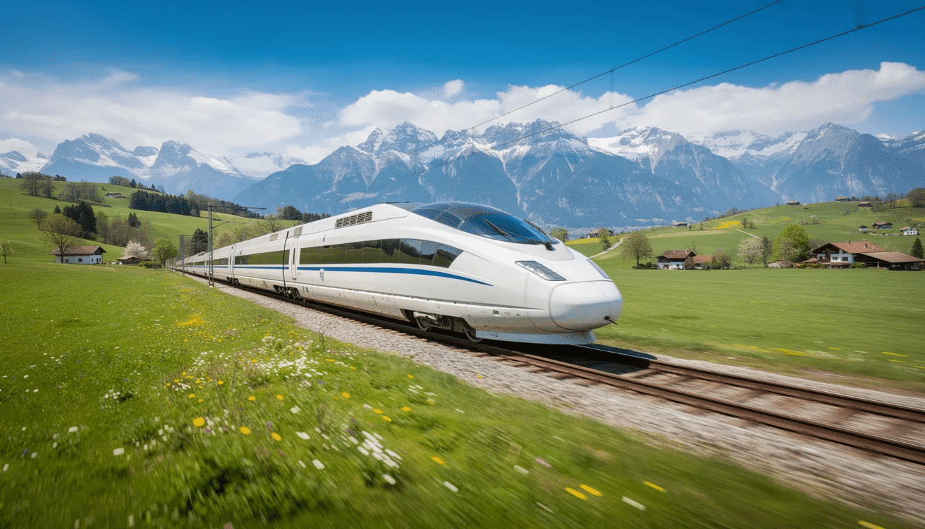 34ee3ab0-a853-4c4b-8323-05e46ecb0ec7 A high-speed electric train glides through lush green countryside, with majestic mountains rising in the background, showcasing an environmentally friendly mode of transportation that promotes a sustainable lifestyle. The scene highlights the harmony between modern technology and the natural environment, emphasizing the importance of reducing carbon emissions and fostering eco-conscious practices.