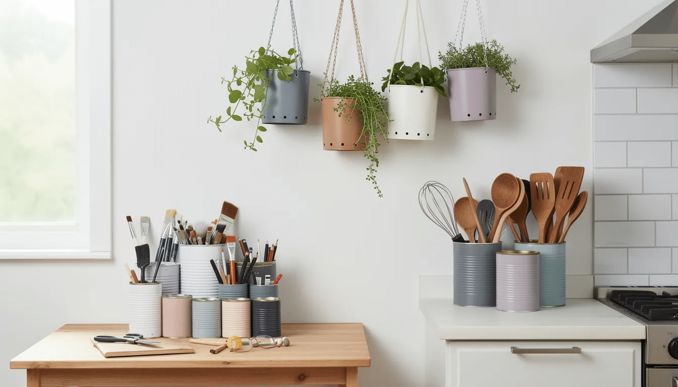 37328f41-02bd-4a5c-adaa-1f0630f0419b The image features a collection of creatively repurposed tin cans used as chic decor items, including desk organizers painted in a cohesive color, hanging planters with drainage holes, and utensil holders for cooking tools. These upcycling ideas showcase how old items can be transformed into beautiful and functional pieces for home decor, embracing sustainable changes in everyday spaces.