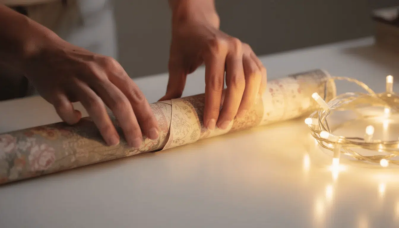 The image shows hands skillfully rolling decorative paper into a cylindrical shape, with LED string lights nearby, hinting at the creation of a beautiful paper lantern. This craft activity inspires creativity and showcases the process of making a unique paper lamp.