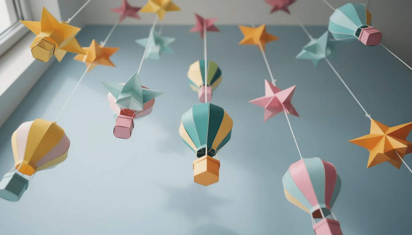 The image features colorful 3D paper stars and hot air balloons suspended at various heights against a light blue wall, creating a whimsical atmosphere. This display showcases creative paper crafts that can inspire fun DIY projects for both kids and adults.