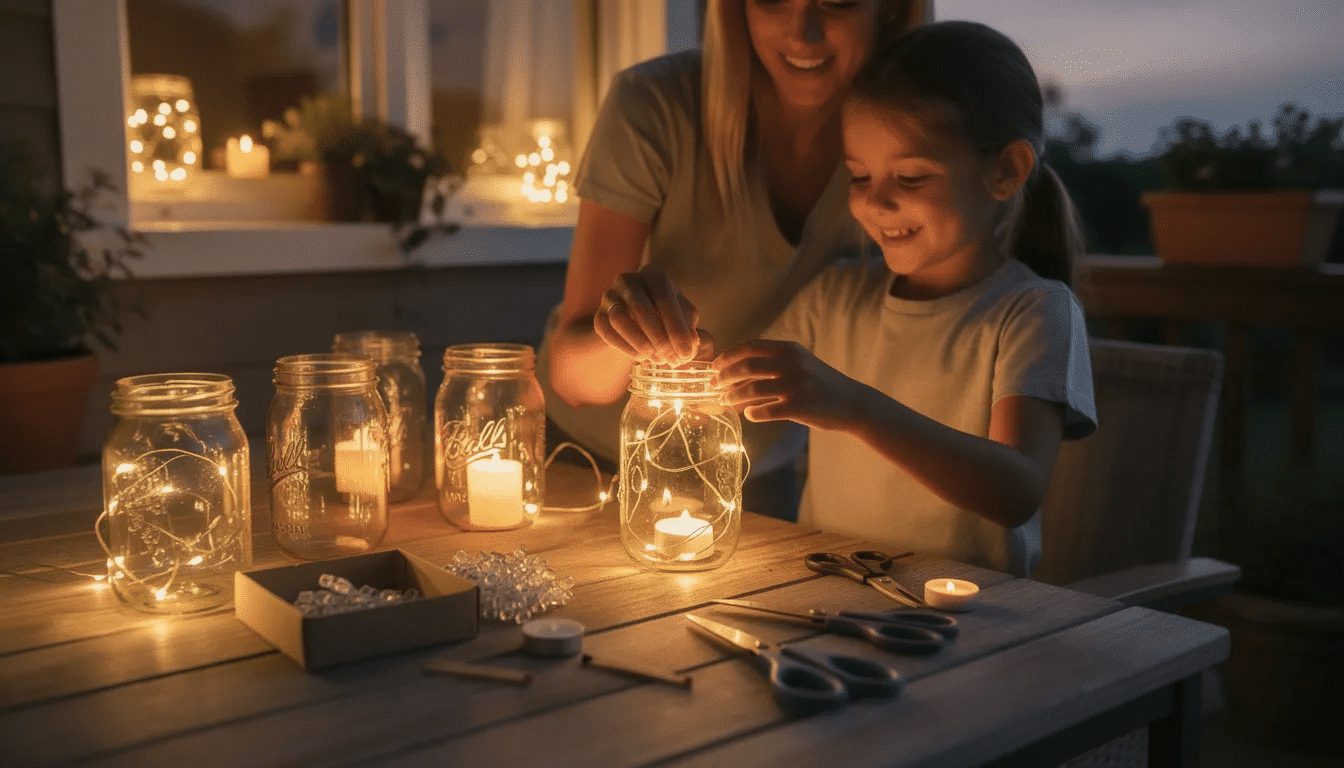 The image showcases mason jar lanterns filled with LED string lights, creating a warm and inviting ambiance on a patio or windowsill. This upcycling project is perfect for families, offering a fun and creative way to reuse old jars and enhance outdoor spaces.