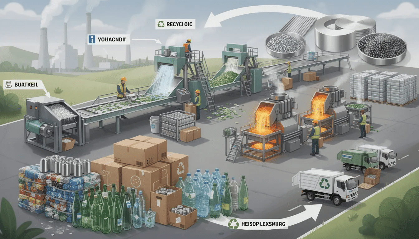 38a71f0c-749e-4993-adb0-c6ca424dabe7 The image depicts a recycling facility where various recyclable materials such as aluminum cans, plastic bottles, and cardboard boxes are being collected and processed. Workers are engaged in sorting and preparing these waste materials to transform them into new raw materials for manufacturing, highlighting the importance of recycling in conserving natural resources and minimizing waste.