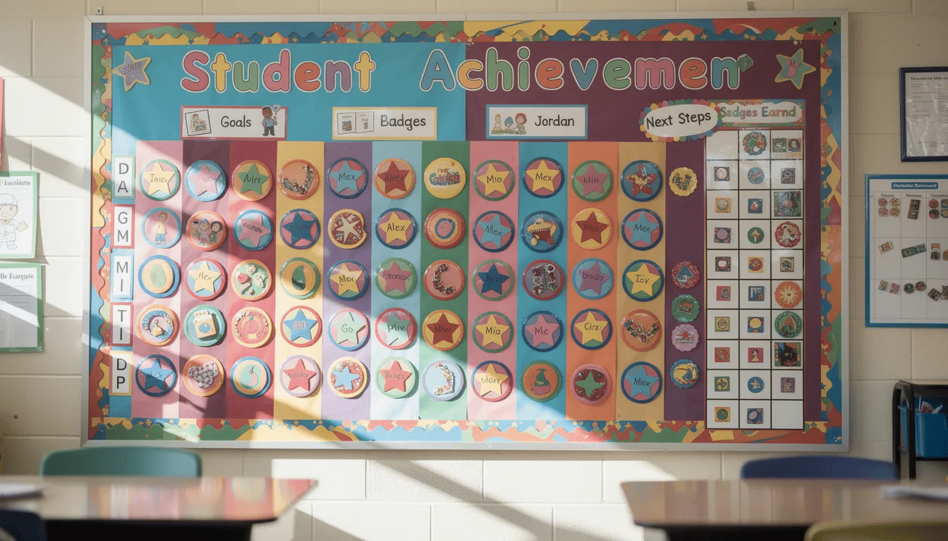 The image features a vibrant classroom display board showcasing achievement badges and progress tracking for students, designed to engage students in their learning journey. This colorful board reflects the use of game-based learning techniques to motivate kids and enhance their problem-solving skills throughout the school year.