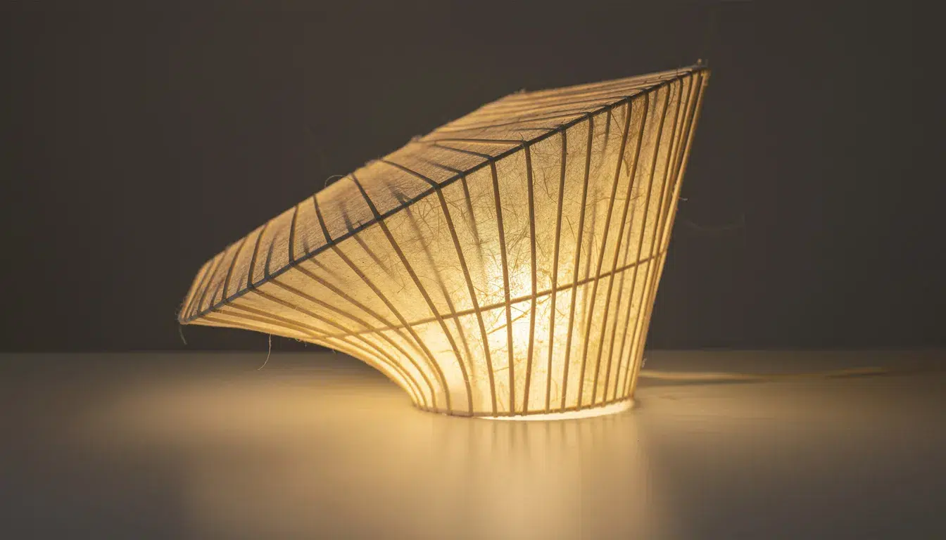 The image depicts a beautifully crafted paper lantern, showcasing delicate reed ribbing and a soft tissue paper skin that emits a warm, inviting glow. This artistic paper lamp, with its unique shape, inspires creativity and can be hung as a charming decorative piece.
