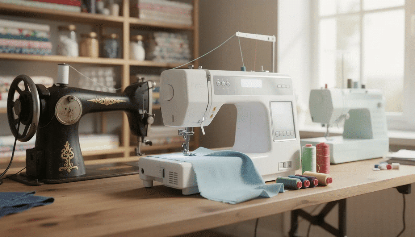The image showcases a variety of sewing machines, including both mechanical and computerized models, displayed on a sewing table. Some machines feature an LCD screen and automatic needle threader, while others have adjustable presser foot pressure and a range of included accessories for versatile sewing projects.