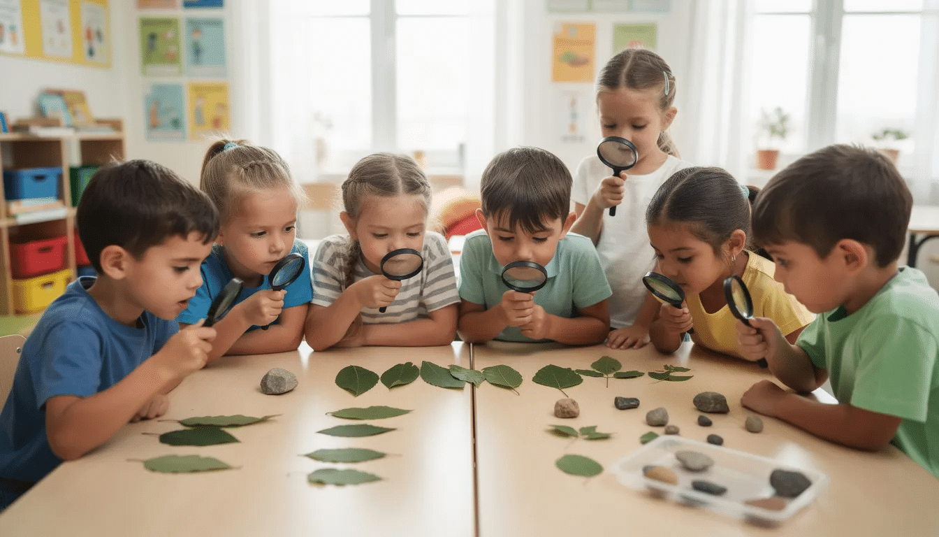 A group of young children sit at a table in a classroom, examining leaves and rocks with magnifying glasses. The children appear focused and curious, engaging in a hands-on science activity together. The image shows young children engaged in preschool science activities, using magnifying glasses to closely examine leaves and rocks on a classroom table. This hands-on experience fosters their natural curiosity and critical thinking skills as they explore scientific concepts through inquiry-based learning.
