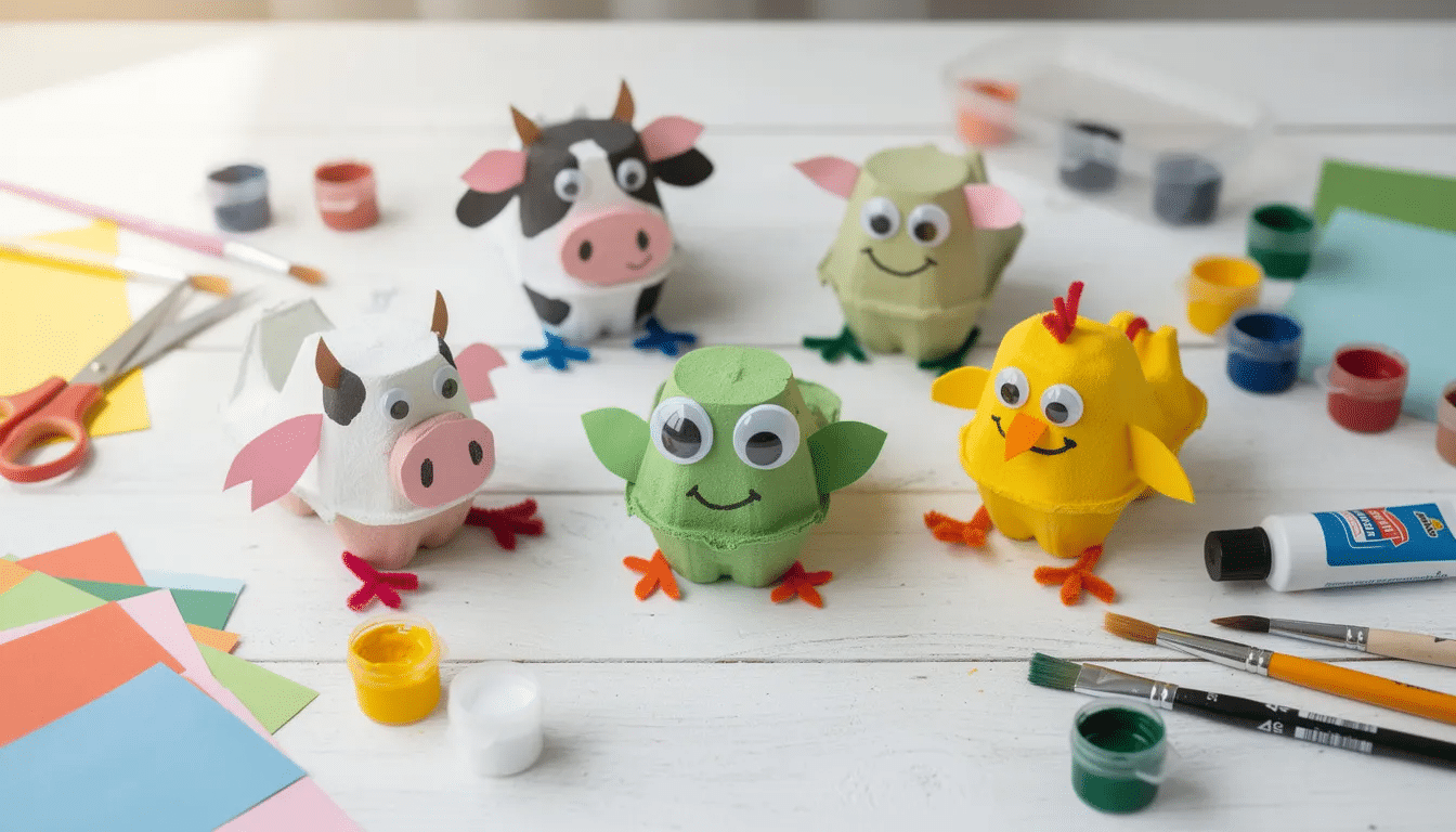 The image showcases a colorful craft project featuring adorable egg carton animals, including a cute fox with googly eyes and crafted ears, surrounded by various art supplies like acrylic paint, markers, and scissors. This fun and creative activity encourages kids and parents to recycle egg cartons and use their imagination to create unique animal figures.