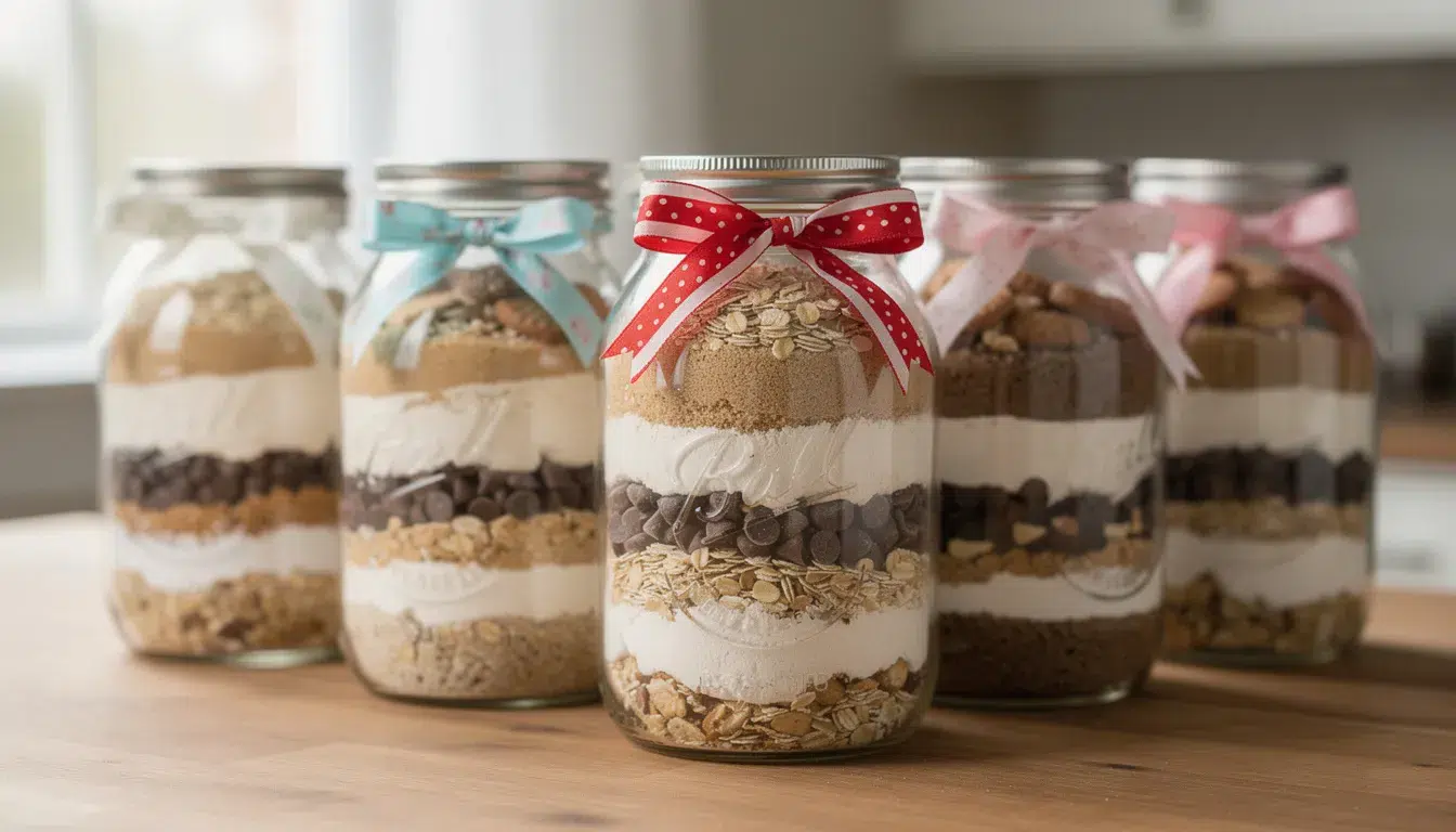 The image features layered cookie mix ingredients displayed in clear glass jars, each adorned with colorful ribbon decorations, perfect for DIY Christmas gifts. This charming presentation makes for a wonderful homemade Christmas gift idea that can brighten the holidays for grandparents or loved ones.