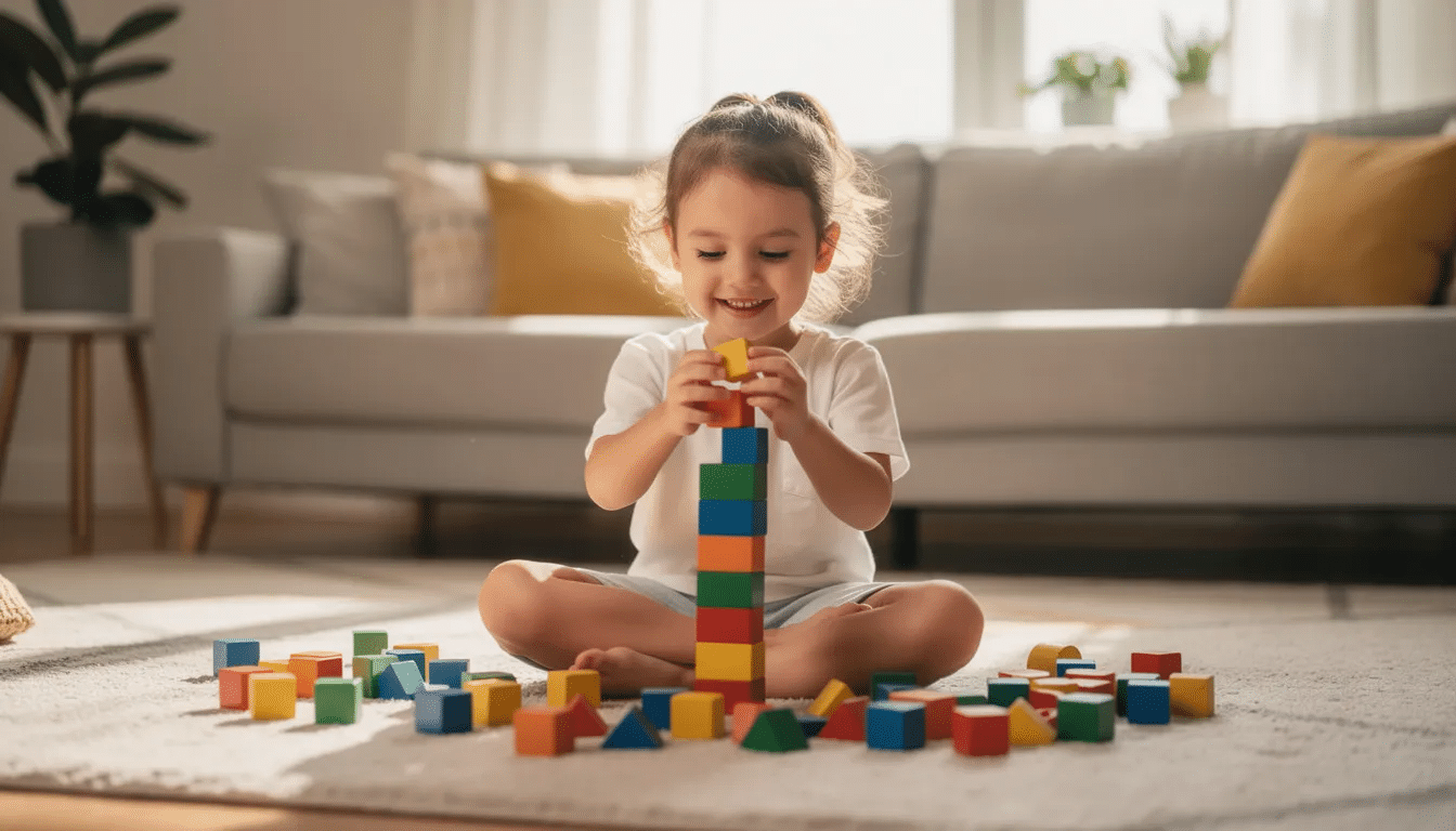 3f135bbd-2885-4158-9832-4d86efe6e84f A young child is joyfully engaged in open-ended play on a living room carpet, stacking colorful wooden blocks to create different patterns. This fun activity not only enhances their fine motor skills but also encourages preschool learning through exploration and creativity.
