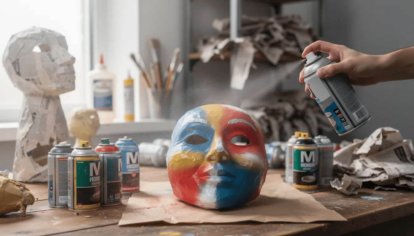 The image showcases a variety of spray paint cans specifically designed for paper mache projects, featuring best quality spray paint options in different colors. The cans are arranged on a work area, highlighting the process of layering paint, with light coats and a smooth finish for creating vibrant sculptures.