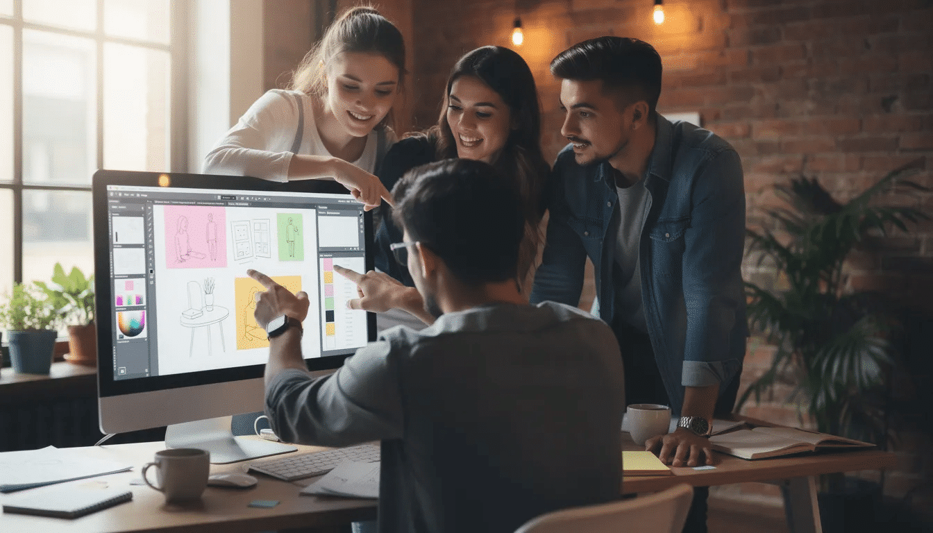 A group of young students collaborates around a computer, enthusiastically pointing at the screen as they work on a creative project, showcasing teamwork and problem-solving skills in a classroom setting. This engaging environment reflects the benefits of game-based learning, where students explore their ideas and develop meaningful solutions together.
