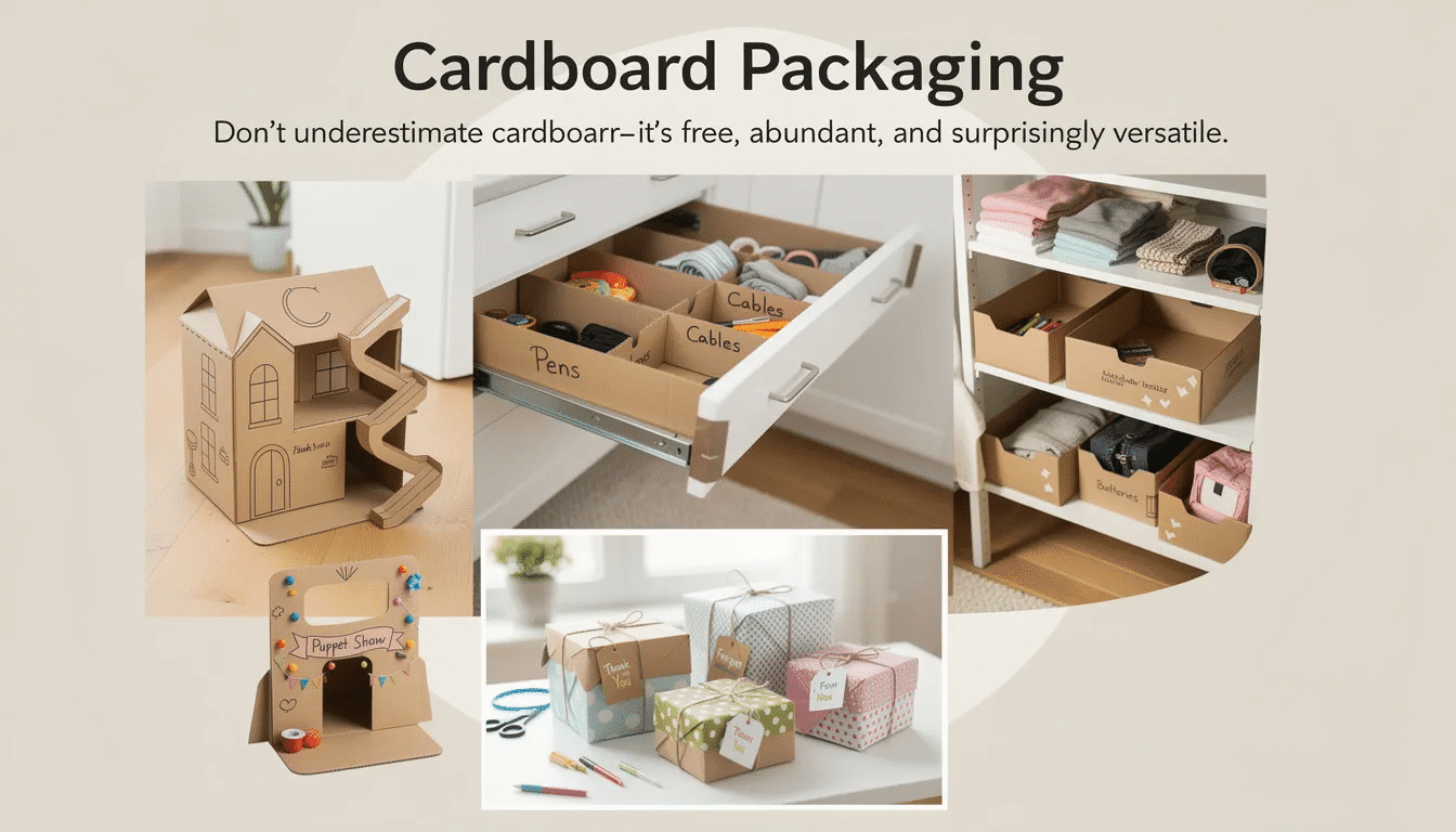 40c97073-68be-42dc-bdce-e2b802d9af7e The image showcases various creative upcycling ideas using cardboard packaging, including custom drawer dividers made from cereal boxes, imaginative kids' toys like dollhouses and puppet theaters, and personalized gift boxes wrapped in fabric or decorative paper. These projects highlight the versatility of cardboard and inspire sustainable changes in home decor.