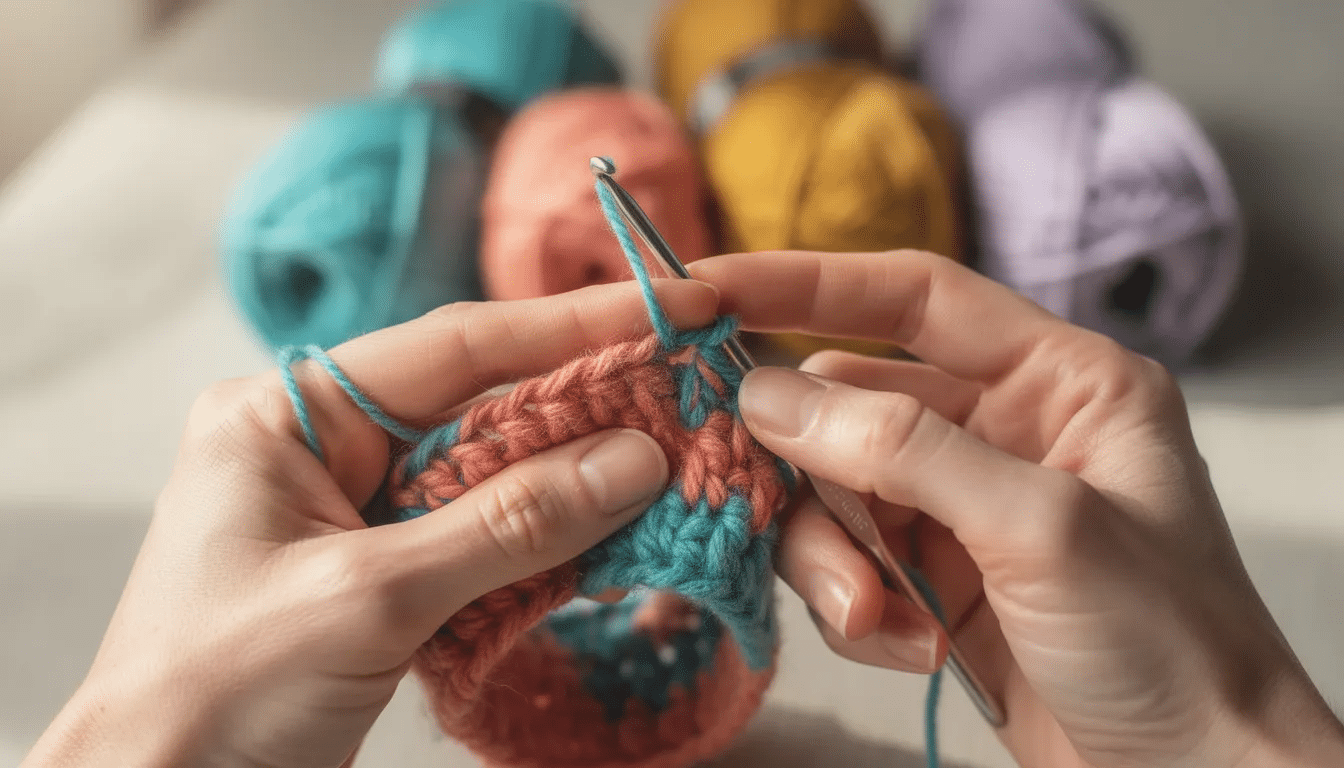 A close-up image shows hands skillfully holding a crochet hook as they work with vibrant, colorful yarn, creating intricate crochet stitches. The scene captures the essence of crafting, highlighting the beauty of crochet patterns and the joy of creating unique projects.