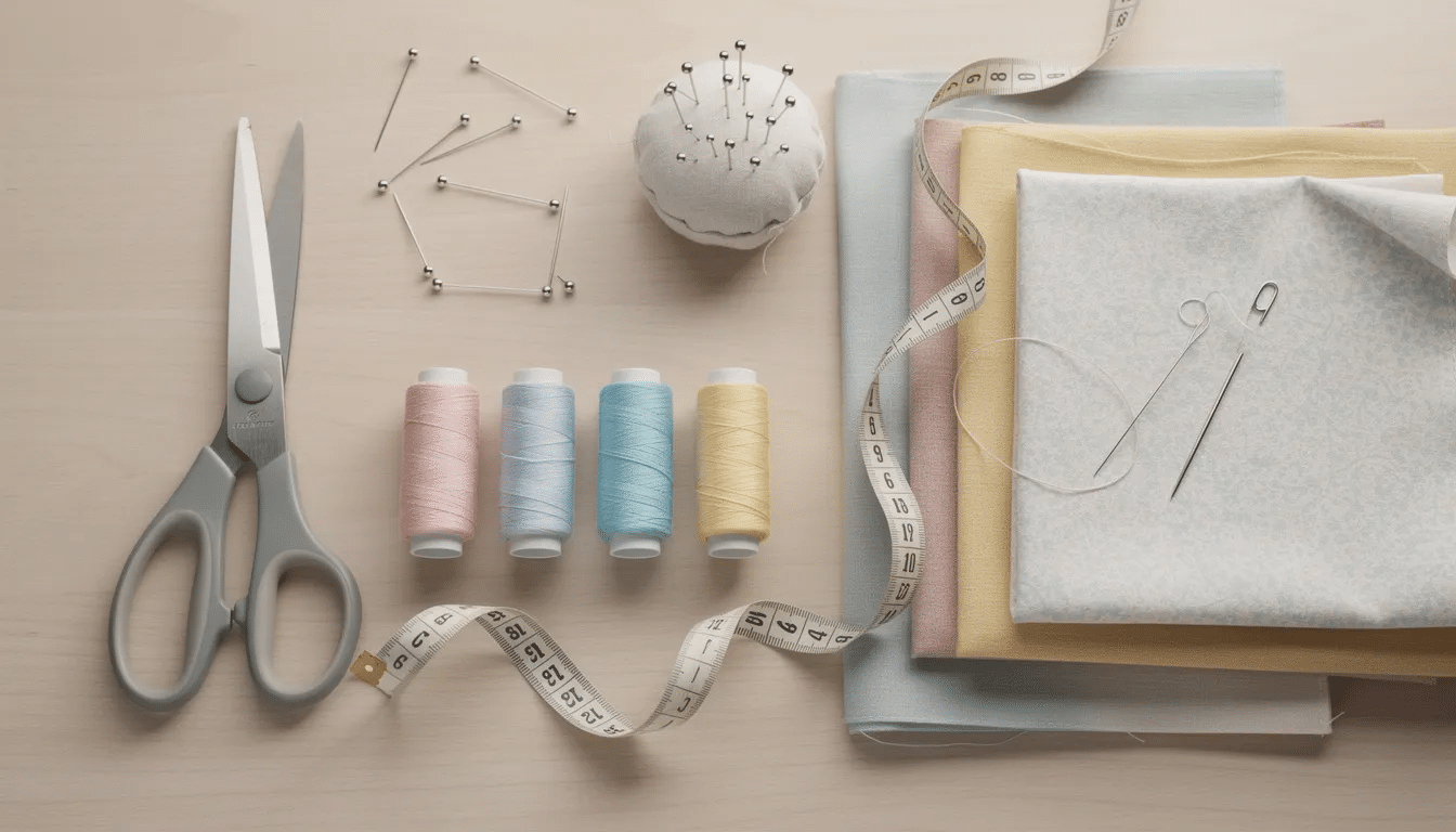 41bd36d8-e516-4e1a-b952-26b417a1e8d1 The image features a neatly arranged collection of sewing supplies, including scissors, colorful threads, pins, and various pieces of fabric, all set on a light wooden surface, perfect for upcycling clothes and crafting new fashion projects. This setup inspires creativity and sustainability in clothing design.