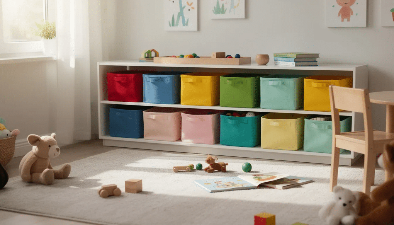 The image depicts a vibrant child's playroom featuring colorful fabric storage baskets neatly arranged at child height on low shelving, providing an organized and accessible solution for toy storage. The cheerful arrangement encourages tidying and makes it easy for children to find and put away their toys.