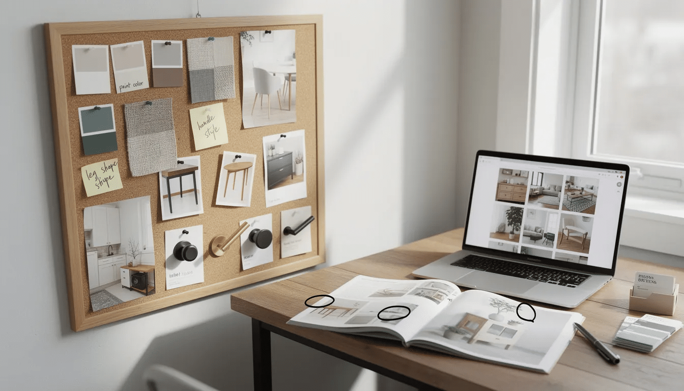 The image depicts a mood board filled with a variety of colors, textures, and styles, showcasing inspiration for upcycled furniture projects. It includes cutouts from home decor magazines, samples of paint swatches, and images of unique furniture pieces, emphasizing the creative process of transforming old furniture into one-of-a-kind items.