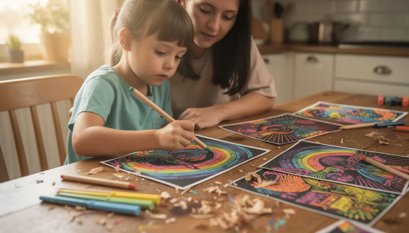 A parent and child sit together at a table, joyfully working on a colorful scratch art project that reveals vibrant patterns as they use an included wooden stylus. This engaging activity helps enhance their fine motor skills and hand-eye coordination while allowing them to express their creativity.