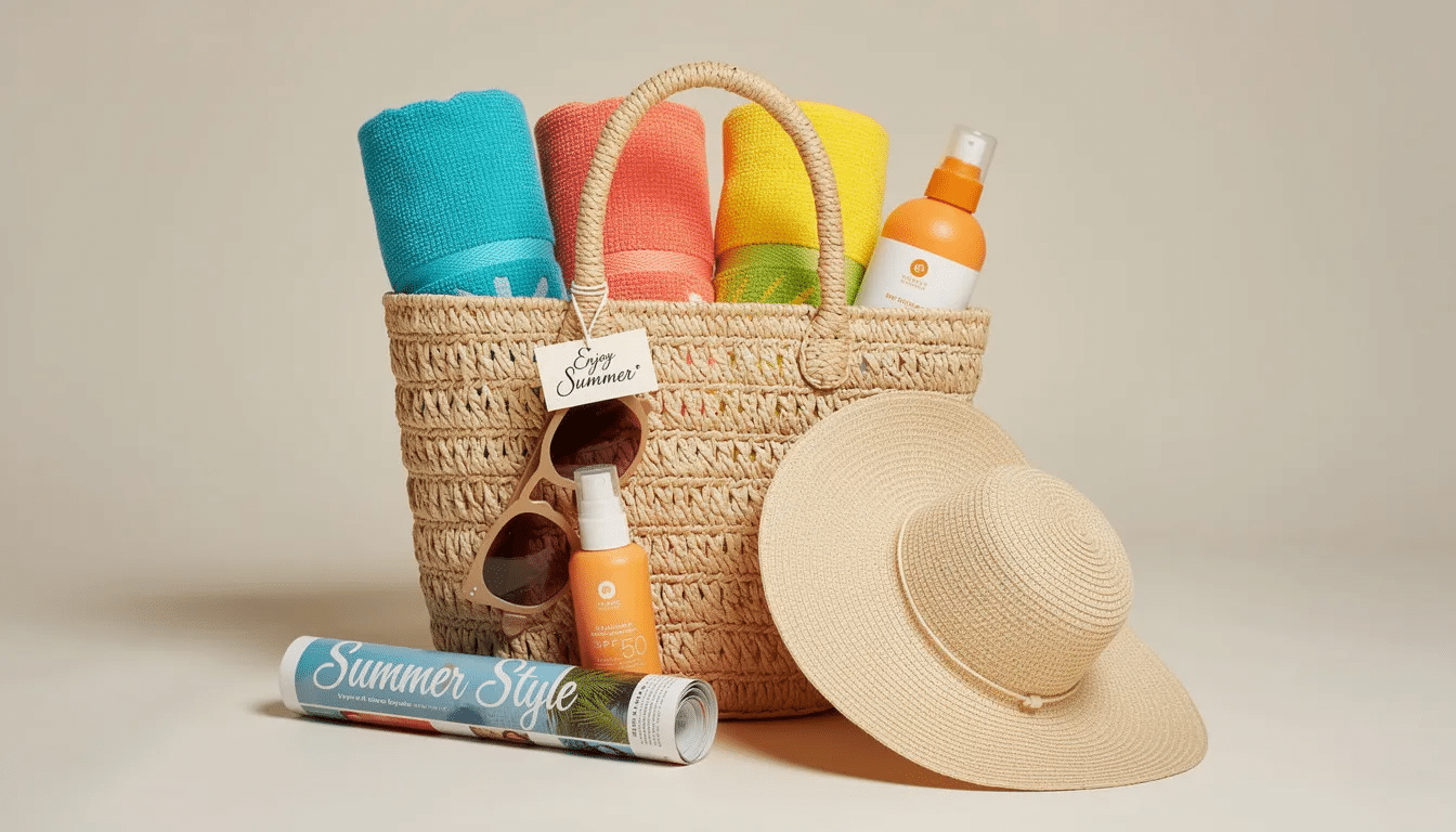 A vibrant beach tote bag is filled with colorful rolled towels and summer accessories, creating a delightful gift arrangement perfect for a day at the beach or pool. The personalized beach bag showcases a fun and stylish design, making it an ideal choice for summer outings.