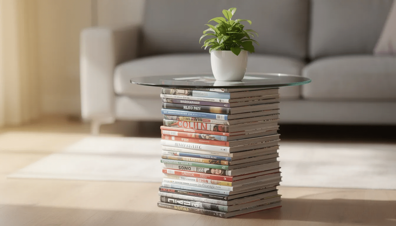 46170f51-3d4d-4dfa-8414-a03c586f55cd A side table creatively constructed from stacked old magazines topped with a glass surface, featuring a small plant, exemplifies innovative use of recycled materials. This unique piece showcases how found objects can be transformed into functional furniture, promoting sustainable living and recycling.