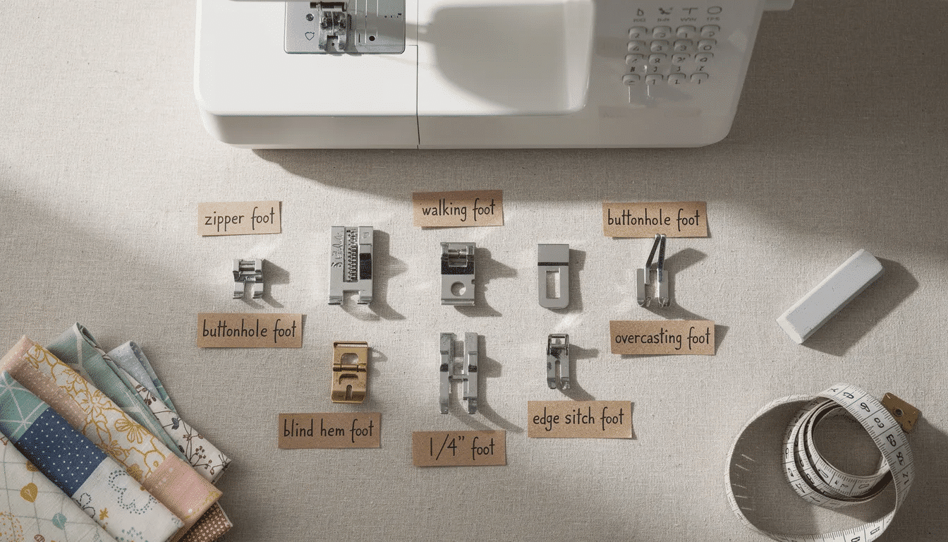 The image showcases a collection of essential presser feet for sewing machines, including specialty presser feet designed for various techniques such as quilting and creating invisible hems. Accompanying sewing tools and accessories like sewing machine needles, thread, and measuring tools are also displayed, emphasizing their importance for optimal performance in sewing projects.