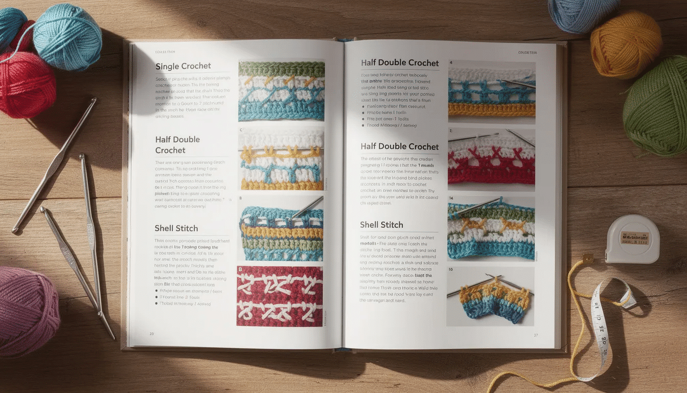 The image features a crochet stitch book, showcasing a collection of colorful pages filled with beautiful photos and written instructions for various crochet stitches and patterns. This resource serves as a helpful guide for beginners and experienced crocheters alike, offering inspiration and step-by-step techniques to create projects like blankets and garments.