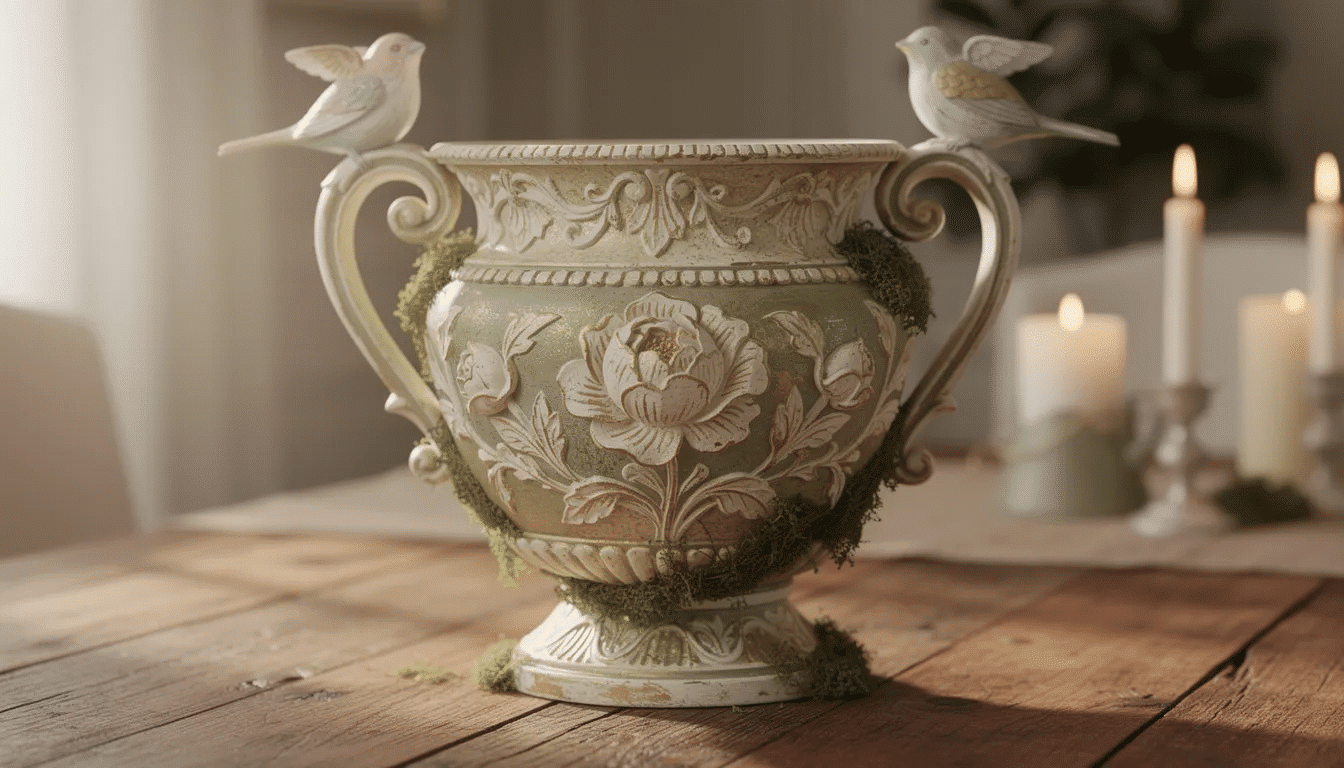 483000ac-9f18-445f-80d4-1fe67335582e A decorative painted urn, featuring vibrant colors and adorned with moss and small bird decorations, serves as an eye-catching centerpiece. This upcycled project showcases the charm of thrift store finds, bringing new life and style to home decor with a touch of creativity.
