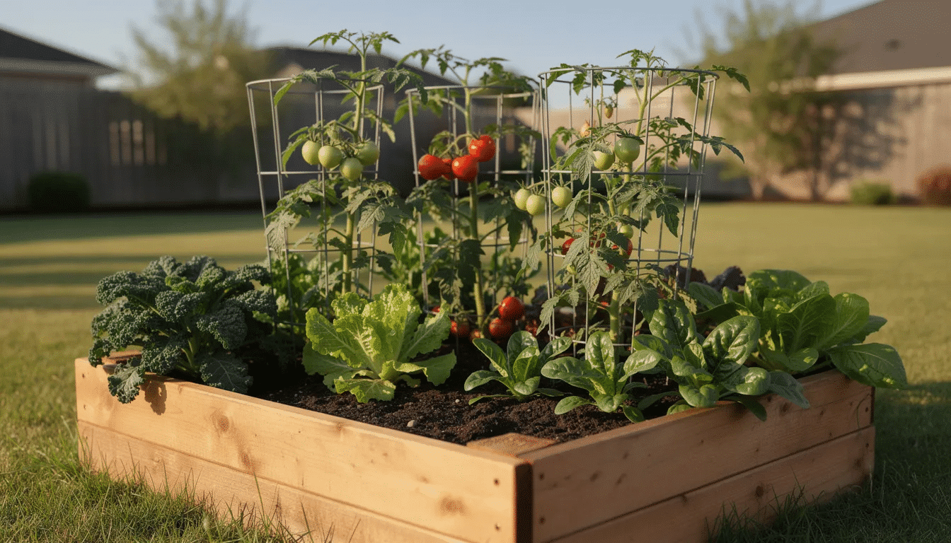 487fa65d-e463-465a-9eba-abb912186d77 A raised garden bed is filled with vibrant leafy green vegetables and thriving tomato plants, basking in the sunlight of a cheerful backyard. This beautiful outdoor space showcases DIY garden projects, perfect for gardeners looking for inspiration and ideas to enhance their landscaping.