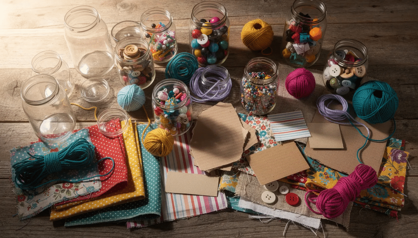 48b0dcaf-f1e0-4a51-bf3b-f0d1eea70598 A colorful assortment of glass jars, fabric scraps, cardboard pieces, and yarn is creatively arranged on a wooden table, showcasing reusable materials ideal for arts and crafts projects. This vibrant display reflects community engagement and the spirit of creative reuse, encouraging sustainability and creativity among crafters and artists.