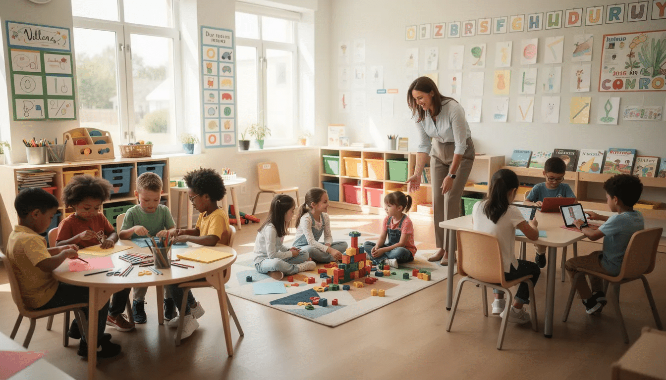 In a vibrant classroom, younger students are engaged in various indoor recess activities, including building toys and board games, while a teacher supervises them, fostering social skills and physical activity. The scene captures the joy of students participating in fun games and crafts, making the most of their recess time indoors.