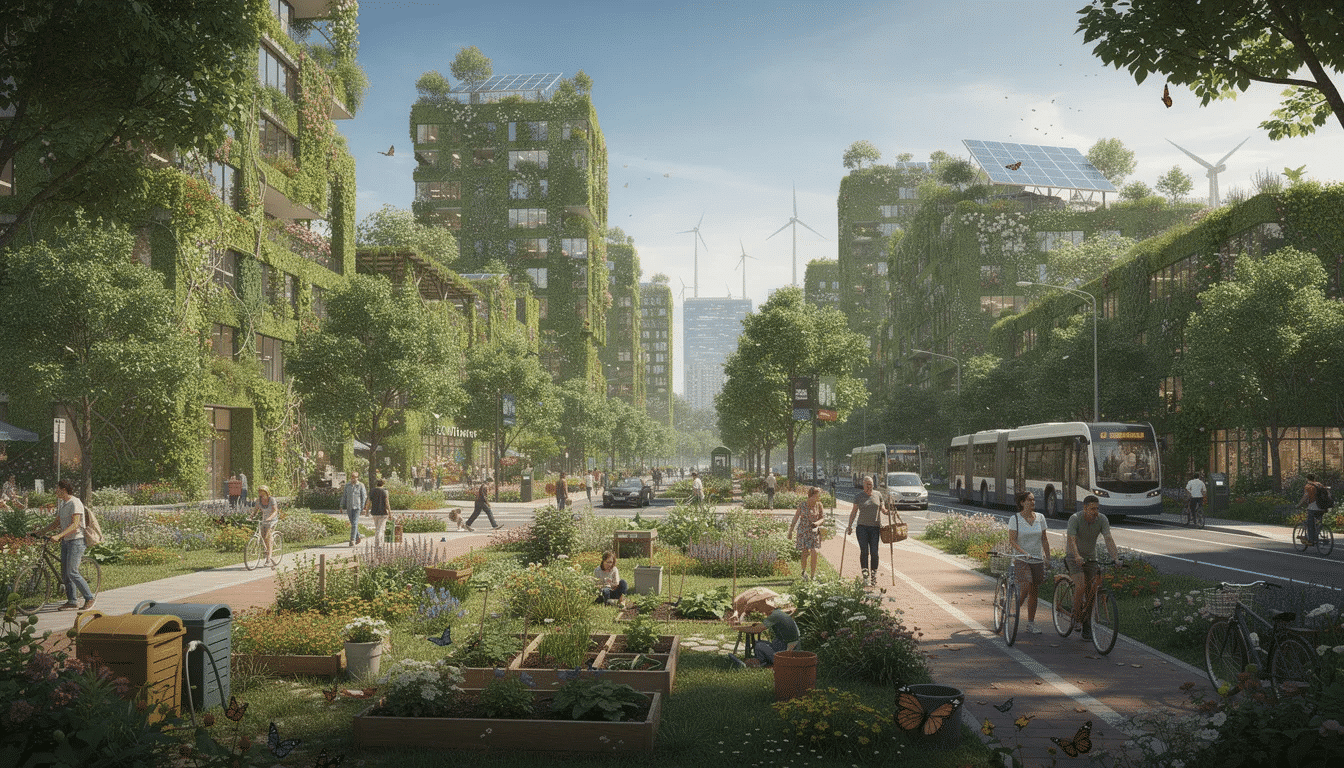 4c809b1a-c7ca-45b4-9b4a-e82ec8958616 The image depicts a vibrant landscape showcasing various eco-friendly practices, such as solar panels and electric vehicles, emphasizing a sustainable lifestyle. It highlights the importance of renewable energy sources and the positive impact of environmentally friendly products on the natural environment.