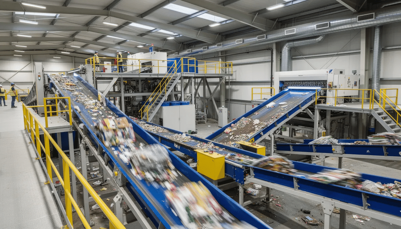 The image depicts a modern materials recovery facility, showcasing conveyor belts and sorting equipment actively processing various waste materials, including plastic and glass bottles. This facility plays a crucial role in the recycling process, collecting and processing recyclable materials to divert waste from landfills and reduce greenhouse gas emissions.