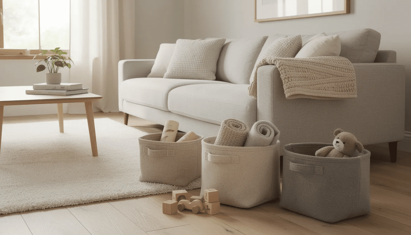 The image depicts a cozy living room featuring neutral-toned fabric storage baskets that hold throws and toys, positioned next to a comfortable sofa. This inviting space showcases effective organization solutions for families, making it an ideal example of tidying up with stylish storage options.