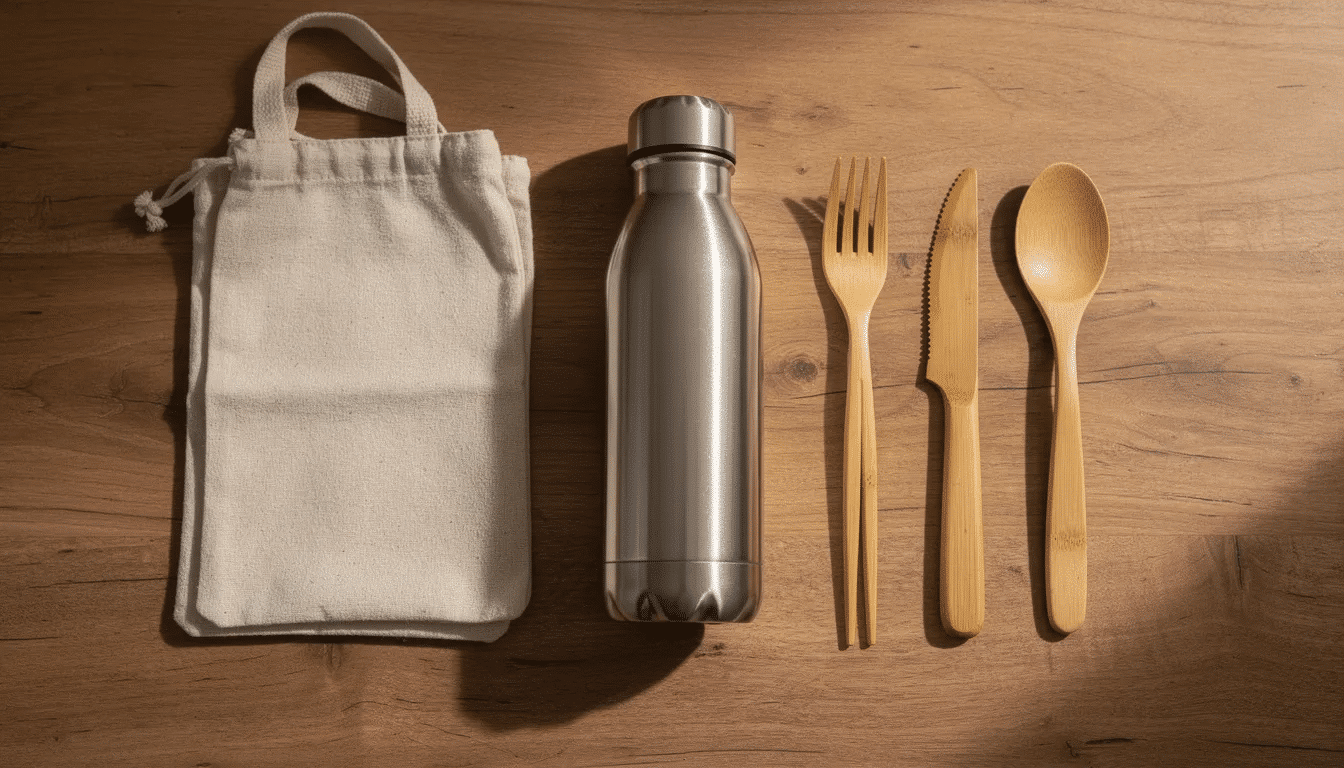 5a158081-e045-4cce-baef-a407cd3edfa7 The image features a reusable stainless steel water bottle, eco-friendly cloth shopping bags, and bamboo utensils neatly arranged on a wooden table, showcasing sustainable products that help reduce plastic waste and promote a healthier planet. These items exemplify a commitment to a zero waste lifestyle and a sustainable future.